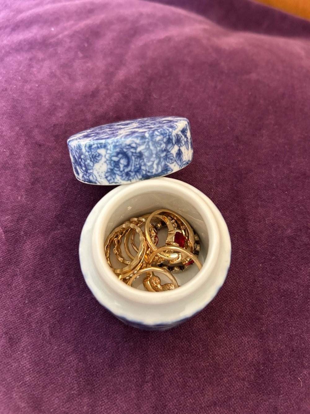 Blue and White Floral Trinket Jar with Gold Rings